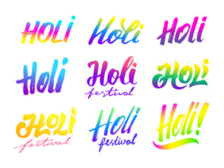 Holi festival colorful lettering. Vector text