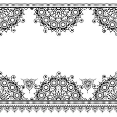 Seamless pattern mehndi borders in Indian style with floral elements for tattoo or card on white background.