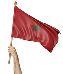 Hand proudly waving the national flag of Morocco