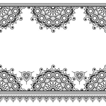 Seamless pattern mehndi borders in Indian style with floral elements for tattoo or card on white background.
