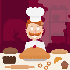 Baker with  mustache in cap at the bakery at the table. Flat line illustration.