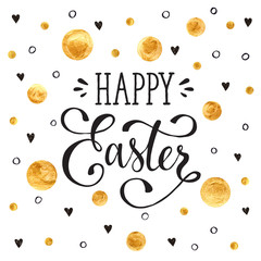 Easter background with eggs handwritten  black on white background.  Happy Easter wording with golden circles.