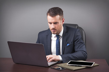 Handsome business man working with laptop in office