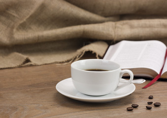 Coffee cup against a rustic background