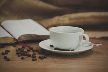 Coffee cup against a rustic background