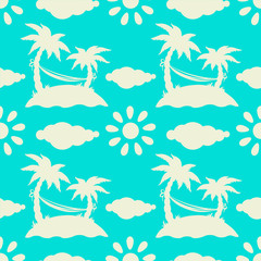 Fototapeta na wymiar Seamless pattern with palm trees, cun. clouds