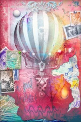 Selbstklebende Fototapete Phantasie Steampunk und altmodische Montgolfier mit alten Postkarten und Fetzen