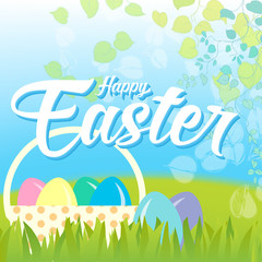 Happy Easter Card Illustration with Grass, Leaves and eggs.