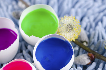 Easter decoration with egg shells and filled with tempera paints