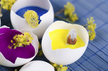 Yellow pad and Easter decoration with egg shells and hellebore plus tempera paint