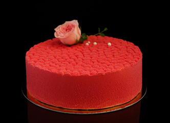 European cake covered with chocolate velor.