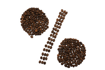 Percent sign made of coffee beans isolated on white background