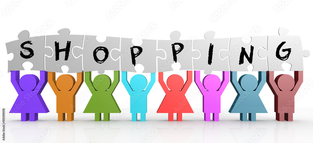 Poster puppet hold puzzle with shopping word on it
