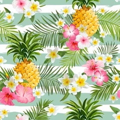 Behang Ananas Ananas en tropische bloemen geometrie achtergrond - Vintage naadloze patroon