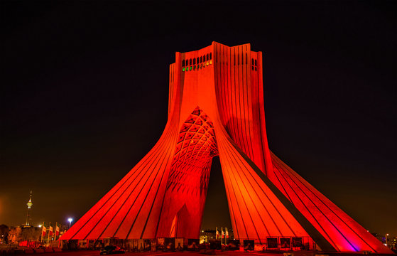 Night view of the Azadi Tower in Tehran 