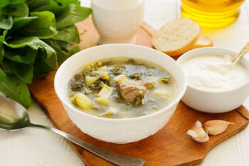 Borsch with sorrel. Russian kitchen.