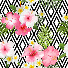 Tropical Flowers and Leaves Geometric Background - Vintage Seamless Pattern