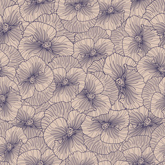 Seamless purple pansy pattern on beige background.