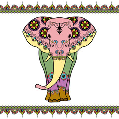 Naklejka premium Color elephant with border elements in ethnic mehndi style. Vector black and white illustration isolated on white background