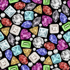 Black background with gemstones seamless pattern.
