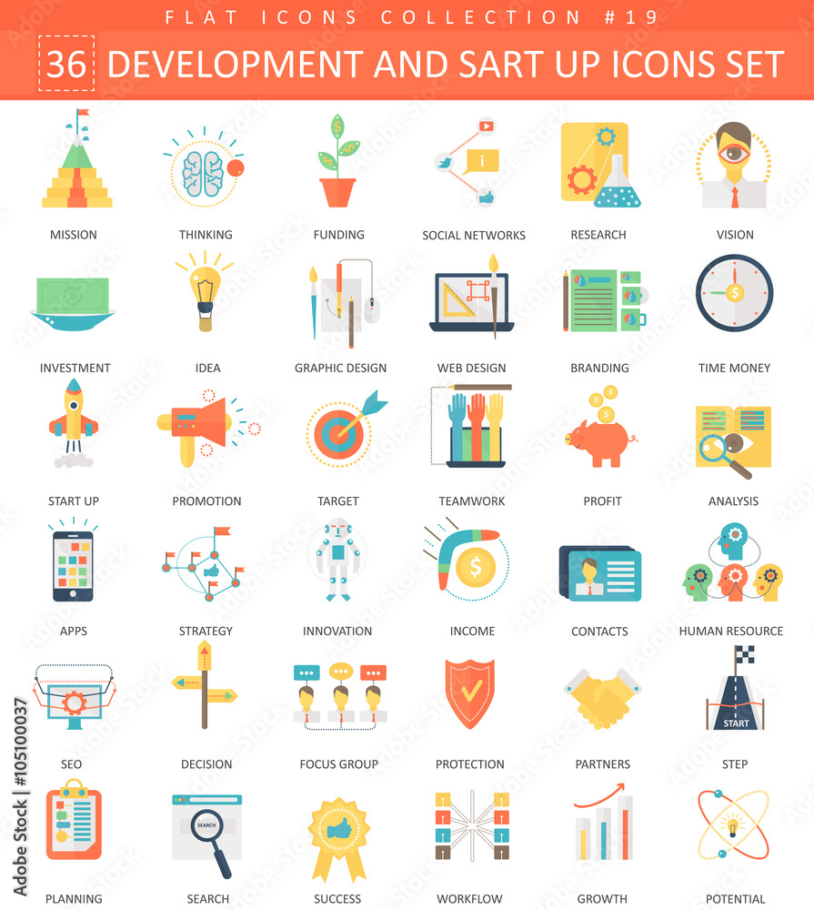 Poster Vector startup and development color flat icon set. Elegant style design.