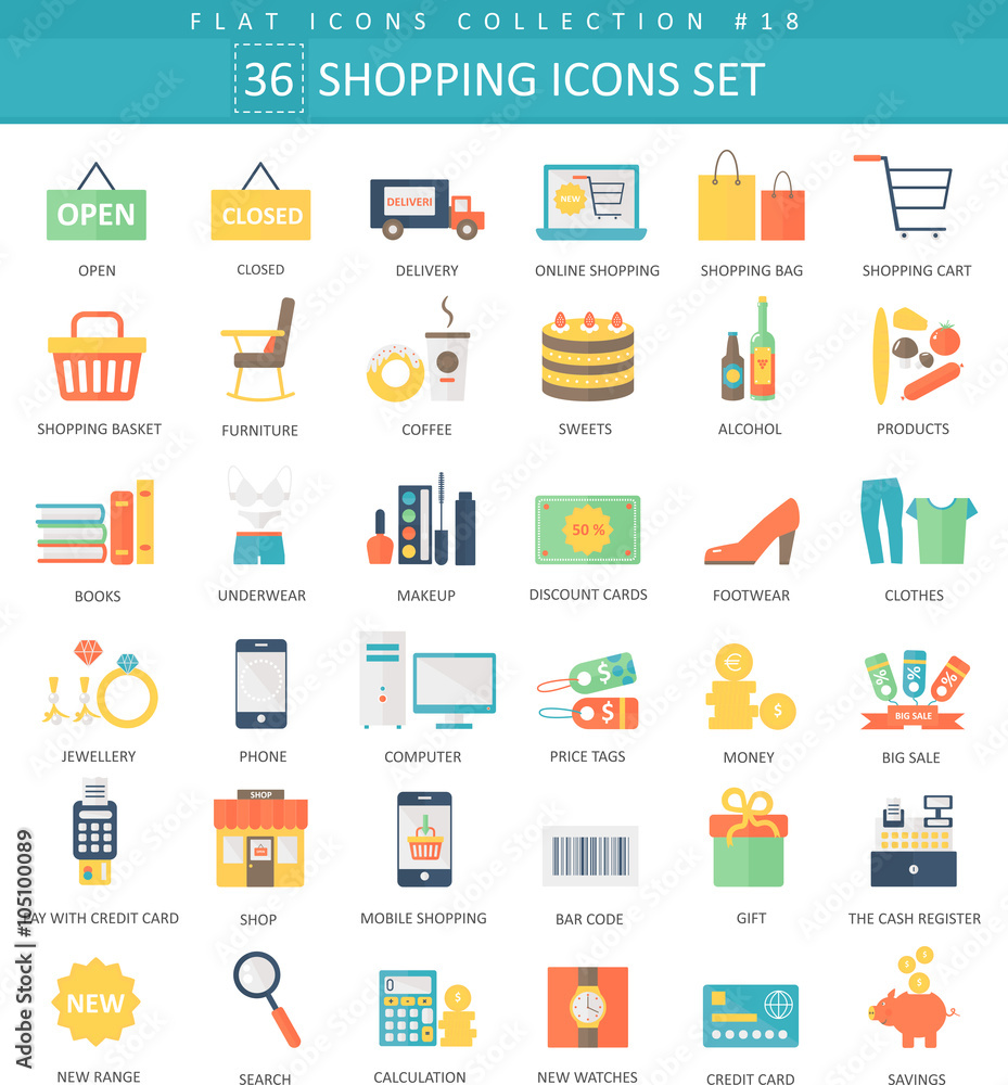 Poster vector shopping color flat icon set. elegant style design.