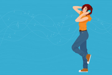 Young stylish brunette woman girl with headphones dancing and moving.