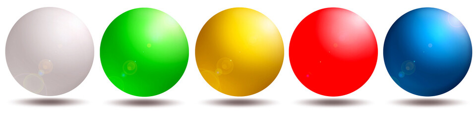 5 farbige Kugeln, blau, rot, gelb, grün, weiß