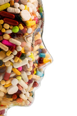 Kopf aus Glas mit Tabletten
