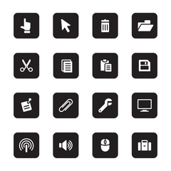 black flat computer and technology icon set on rounded rectangle for web design, user interface (UI), infographic and mobile application (apps)