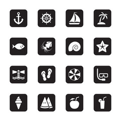 black flat beach and summer icon set on rounded rectangle for web design, user interface (UI), infographic and mobile application (apps)