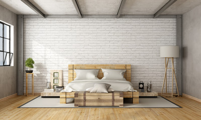 Wooden double bed in loft - obrazy, fototapety, plakaty