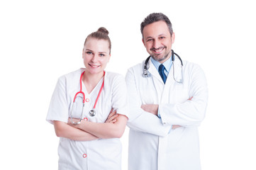 Fototapeta premium Portrait of two attractive experienced doctors standing with arm