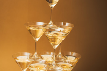 Pyramid of glasses of champagne
