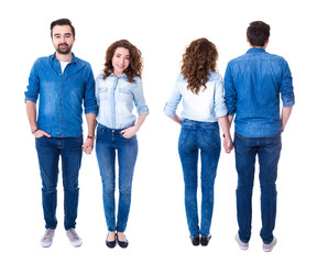Fototapeta premium front and back view of happy couple isolated on white