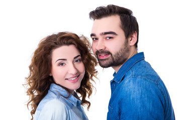 close up portrait of happy couple isolated on white