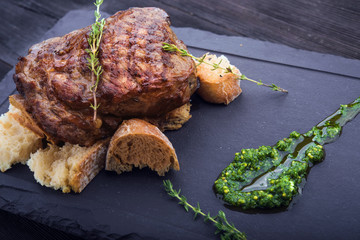 beef steak on white table