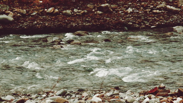 Video 1920x1080 - Panning view of fast-flowing mountain river in winter