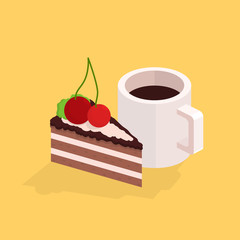 Cup of coffee and a piece cake. Vector isometric illustration