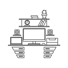 Desk with monitor, printer and laptop. Workplace line art illust