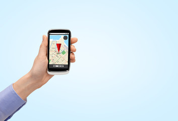 close up of hand with smartphone gps navigator map