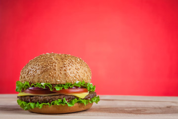 Hamburger closeup on red background
