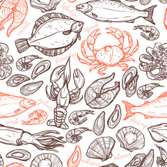 Pattern with seafood hand drawn elements with lobster, octopus, squid, salmon, flounder, crab, mussels, oysters and shrimps on white background