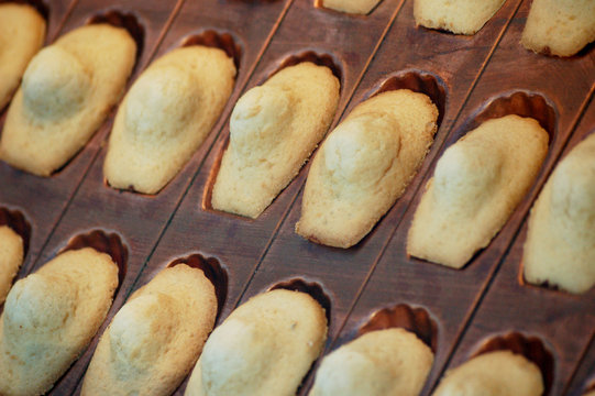 des madeleines dans un moule en bois
