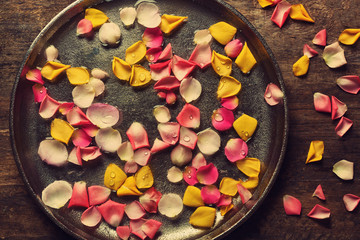 Pink and yellow rose petals in silver bowl with water on wooden background