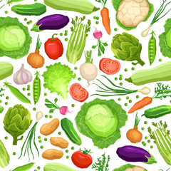 Seamless pattern with fresh vegetables on white background, healthy and organic food texture, vegetarian pattern