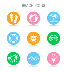 Beach icons set. Summer beach vacation symbols. Tropical surf holiday signs. Beach icons collection on colourful flat circle shapes. Vector illustration.