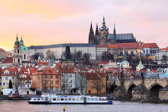 Colorful Prague gothic Castle above the River Vltava with Charles Bridge in the Evening, Czech Republic