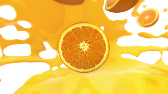 Video 4096x2304 4K - Time freezing slow motion animation of oranges sliced in half floating in the air with splashes and drops of spilled orange juice