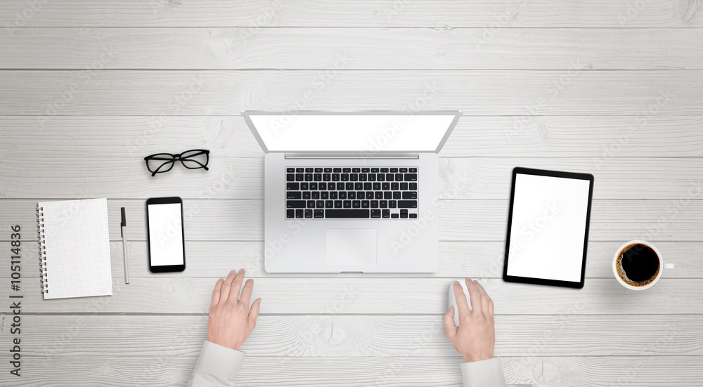 Poster responsive devices with isolated screen for mockup. top view of modern desk with laptop, phone and t